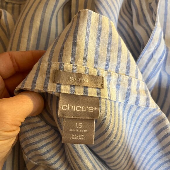 Chico's Size 1.5 (US 10) No-Iron Button-Up Shirt Striped Blue White Linen - Picture 2 of 11